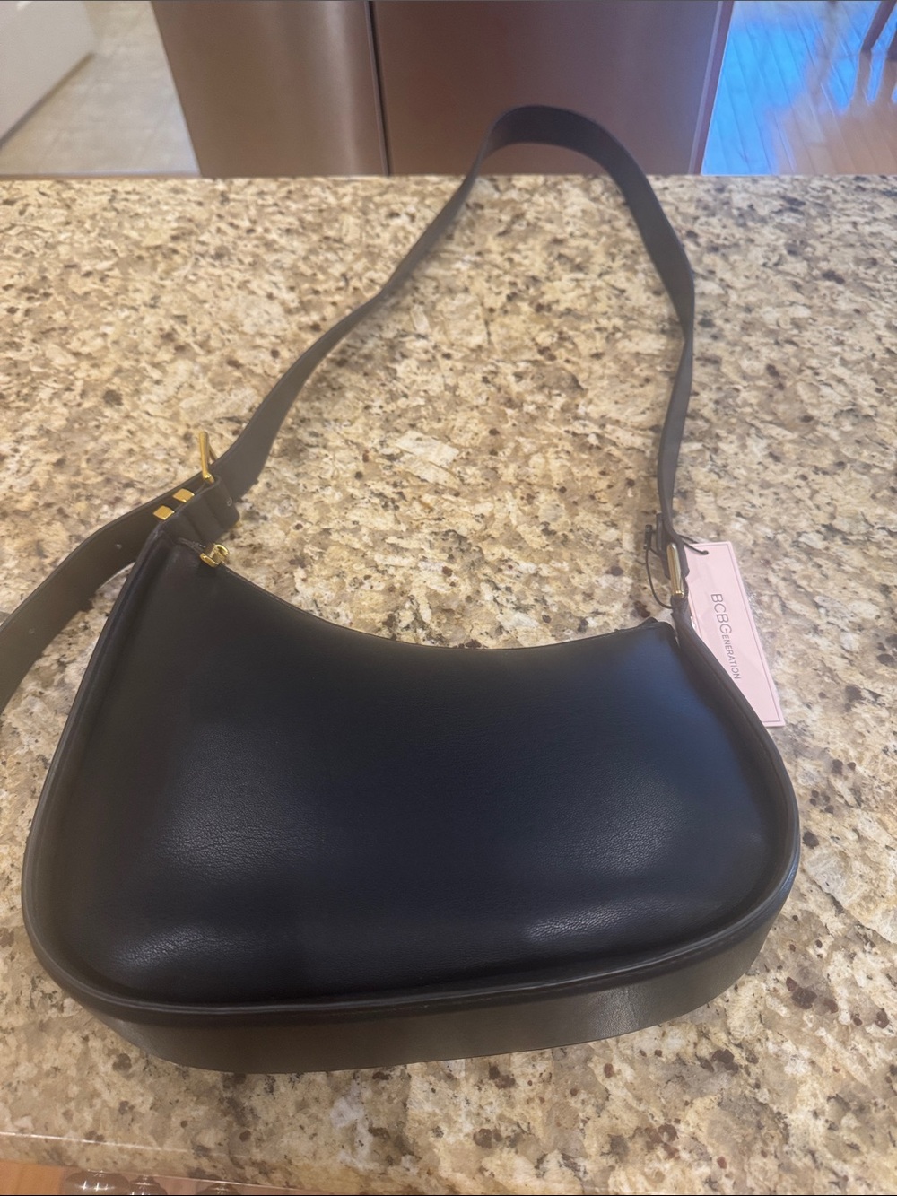 BCBGMaxAzria Black Leather Crescent Shoulder Bag with Gold Hardware